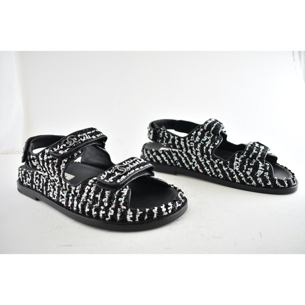 Chanel 22C Black White Tweed CC Logo Mule Slide Strap Flat Dad Teva Sandal 38.5 - Picture 5 of 11
